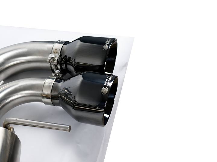 Passenger side outlet pipes of the AutoSpeed cat-back with black chrome tips fitted
