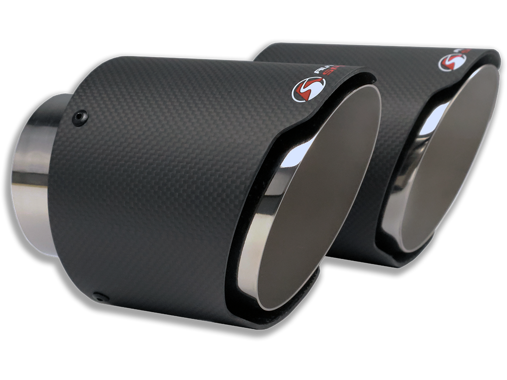 Close view of a 4.5 inch carbon fiber exhaust tip showing the weave and the printed AutoSpeed logo