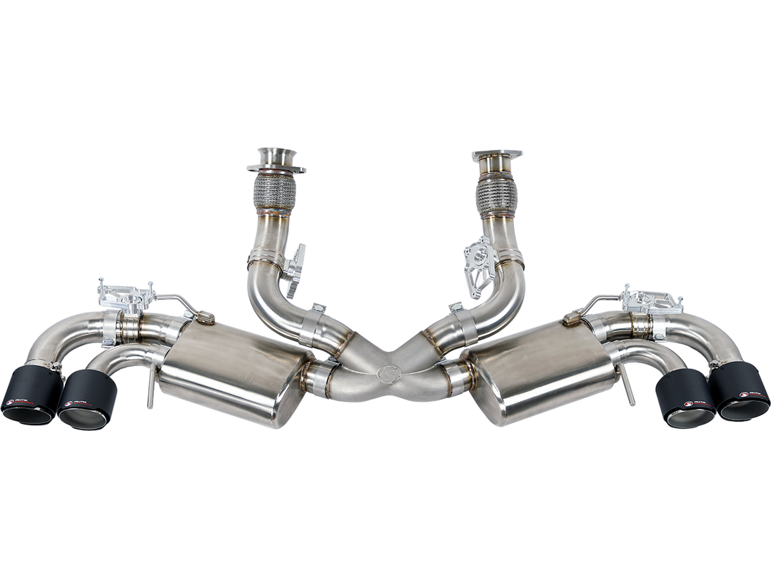 AutoSpeed valved cat-back exhaust with carbon fiber tips at all four outlets, complete system laid out