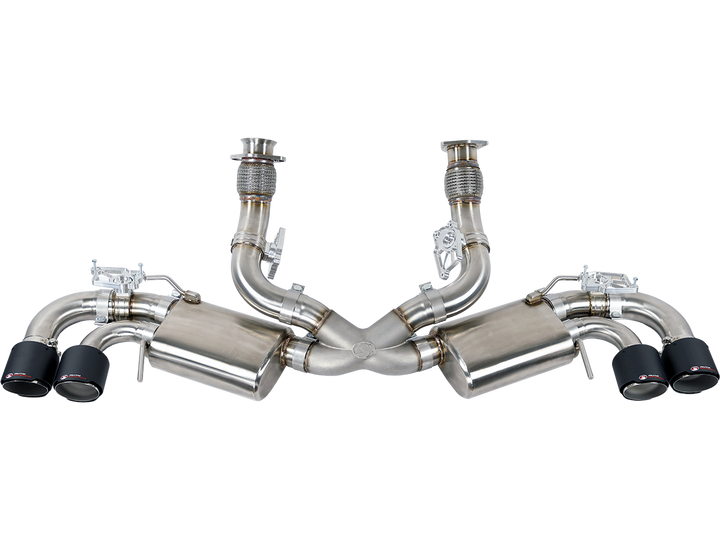 AutoSpeed valved cat-back exhaust with carbon fiber tips at all four outlets, complete system laid out