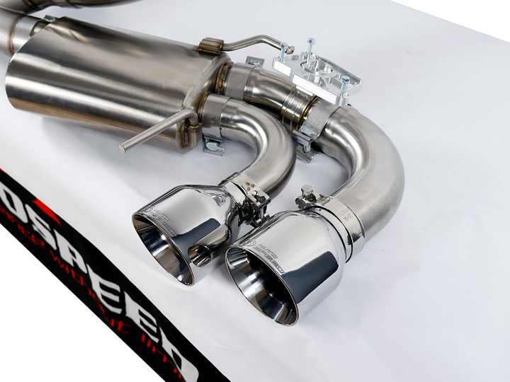Passenger side outlet pipes of the AutoSpeed cat-back with polished stainless tips fitted
