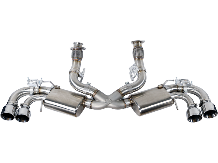 AutoSpeed valved cat-back exhaust with polished stainless tips, complete system laid out on a clean background