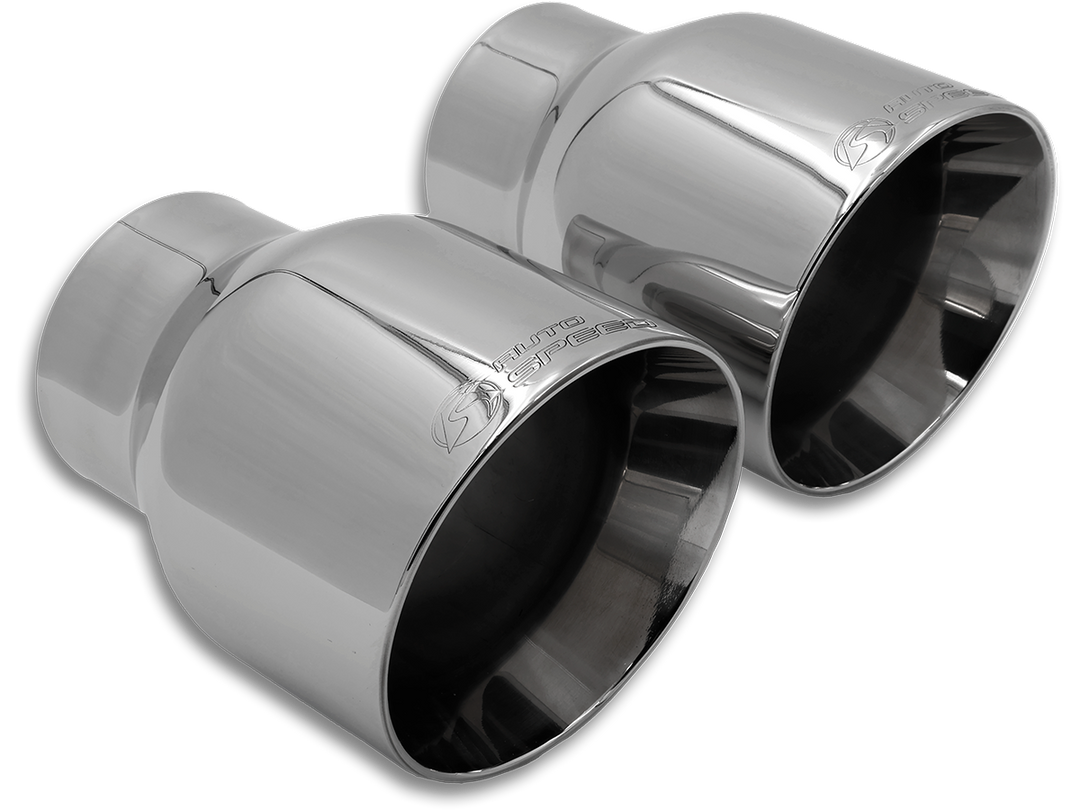 Pair of 4.5 inch polished stainless exhaust tips, slanted dual wall with embossed AutoSpeed logos
