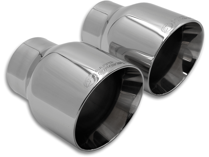 Pair of 4.5 inch polished stainless AutoSpeed exhaust tips, slanted dual wall with embossed logos