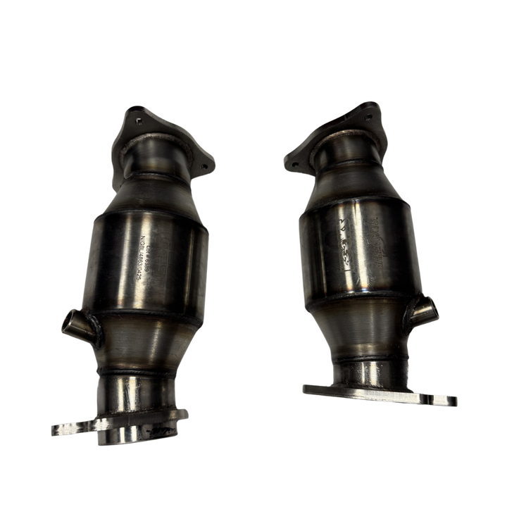 Kooks 218133BK catalyst bodies, flanges and sensor bungs shown without heat blankets