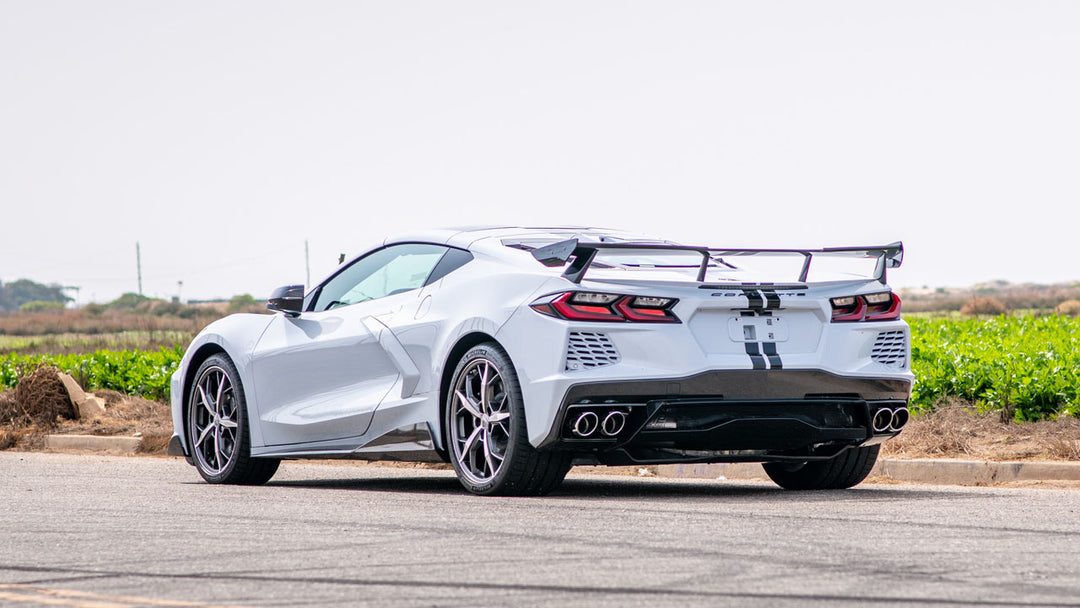 Installed rear view of Borla ATAK NPP cat-back exhaust on a C8 Corvette Stingray with polished tips (140839).