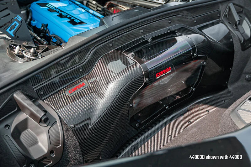 Three-quarter rear installed view of CORSA 44003D carbon fiber intake on C8 Corvette Stingray LT2
