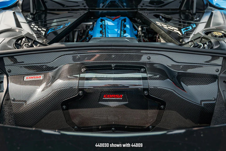 CORSA 44003D carbon fiber intake installed on 2020–2024 C8 Corvette Stingray LT2 (rear view)