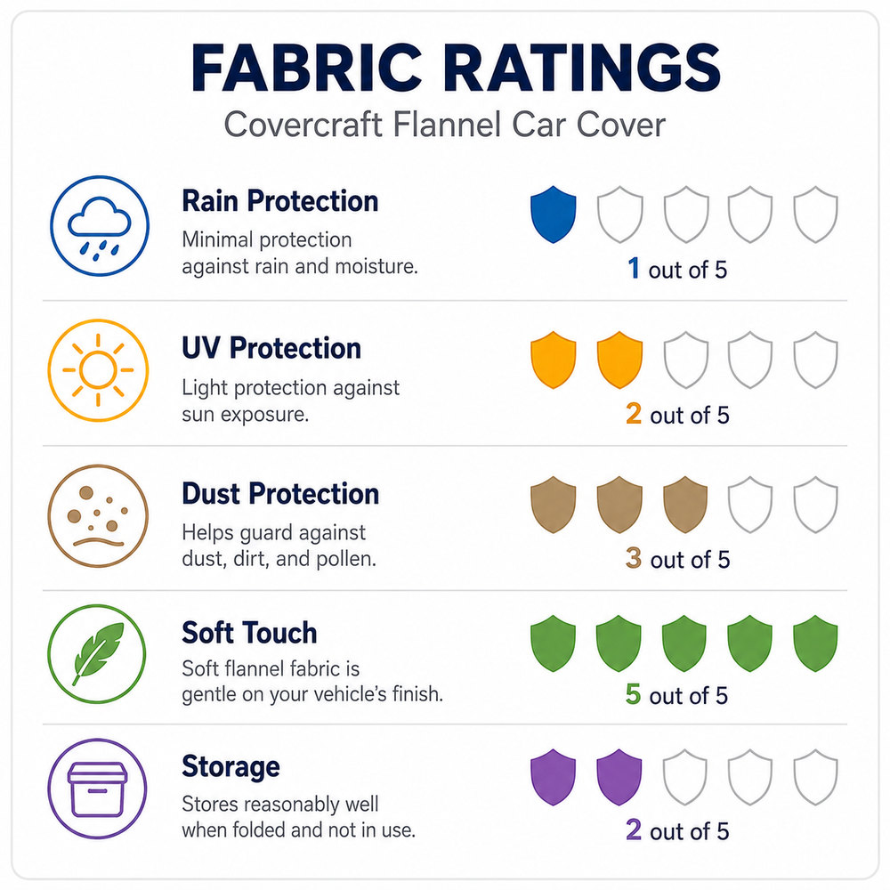 Covercraft Tan Flannel fabric ratings for C8 Corvette Stingray indoor dust protection, soft touch, and garage storage