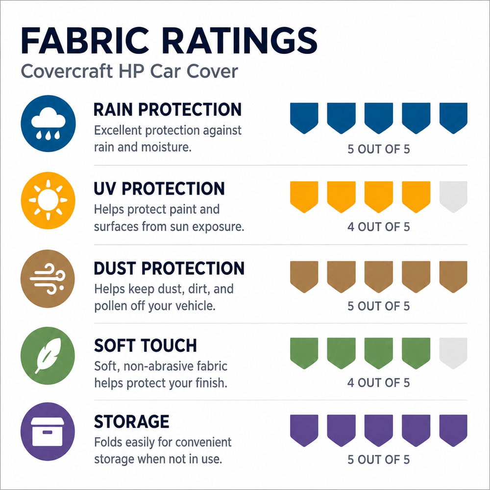 Covercraft WeatherShield HP 2-Tone fabric ratings for C8 Corvette Stingray rain, UV, dust protection, and compact storage