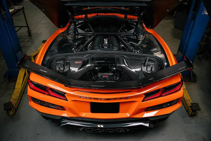 Installed view of CORSA 44012D carbon fiber intake on C8 Corvette Z06 rear view