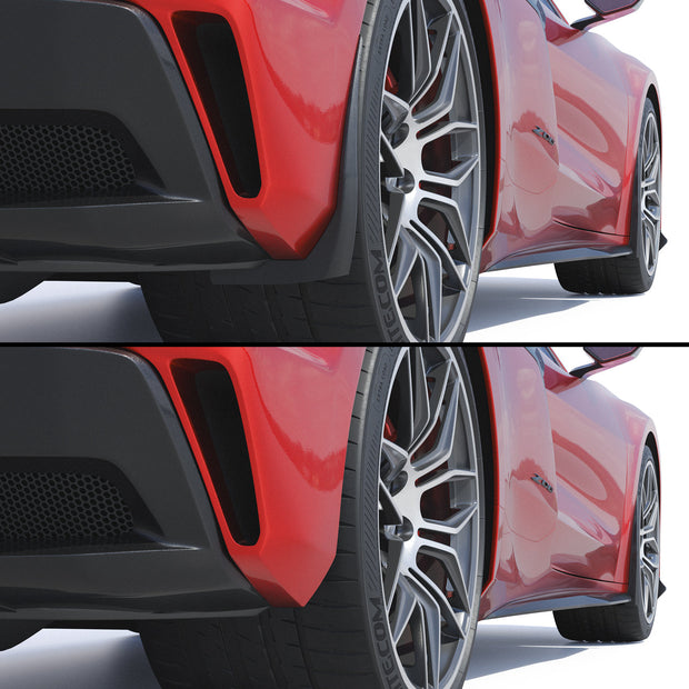 Rear rock guards installed on 2023–2026 C8 Corvette Z06 widebody, Carbon Flash Metallic Black finish.