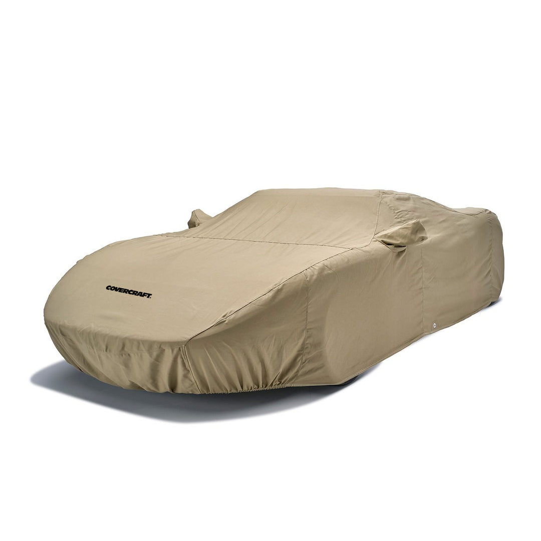 Covercraft Tan Flannel cover shown on a representative covered car, not an E-Ray fitment photograph