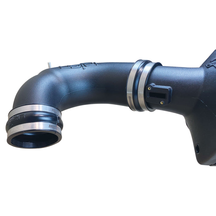 Injen EVO7203 intake tube showing the MAF sensor mount, inlet, couplers, and clamps