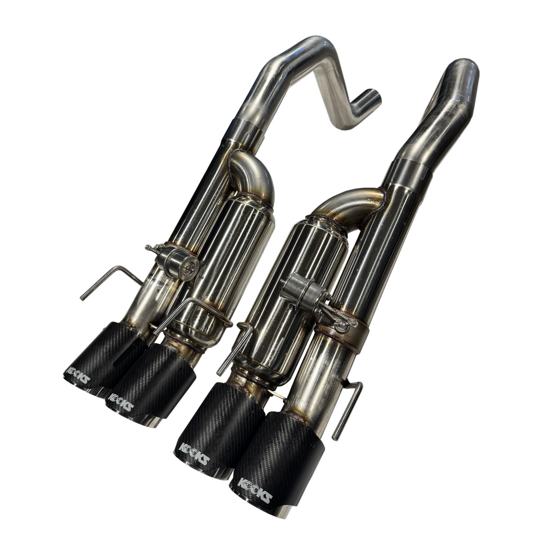 Kooks 21606750 C6 Corvette carbon-tip axle-back pair, angled view