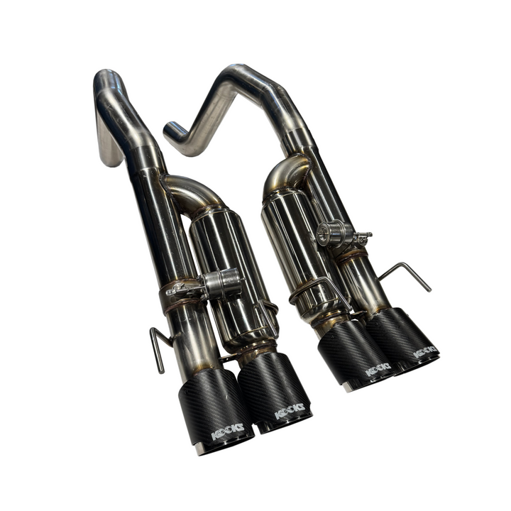 Reverse view of Kooks 21606750 valved axle-back with carbon tips