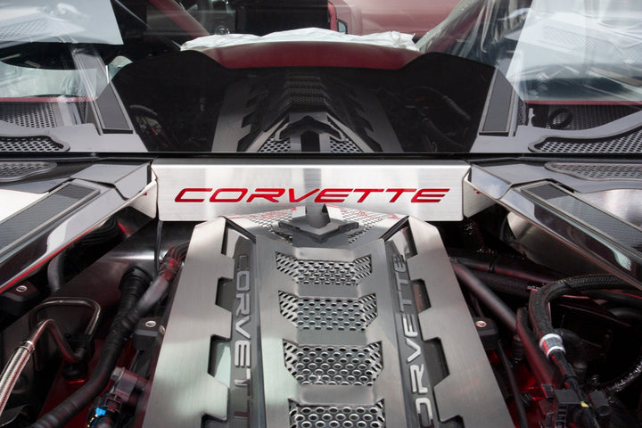 Lower rear-window accent with red CORVETTE lettering installed in a C8 Corvette Coupe