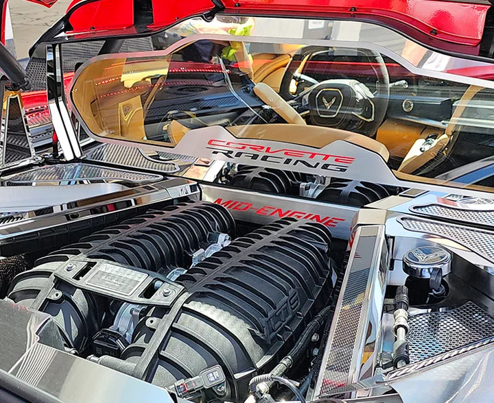 Lower rear-window accent with red MID-ENGINE lettering installed in a C8 Corvette Coupe