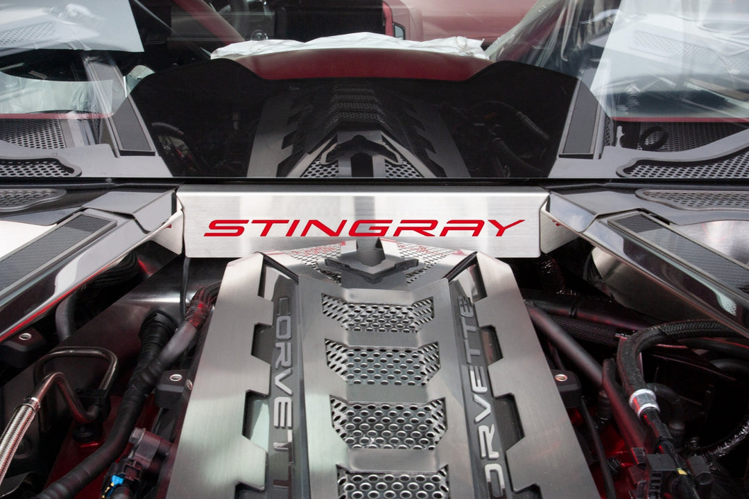 Lower rear-window accent with red STINGRAY lettering installed in a C8 Corvette Coupe