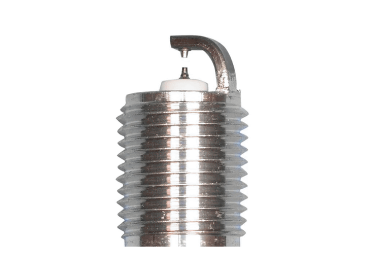 NGK Ruthenium HX spark plug electrode close-up with fine center tip, ground electrode and threaded shell against a white background