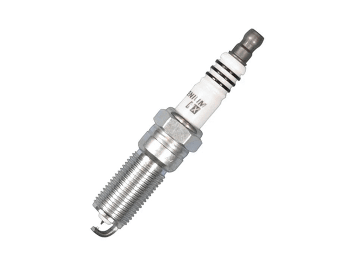NGK Ruthenium HX spark plug with white ceramic insulator, hexagonal metal shell, long threaded body and firing tip on white