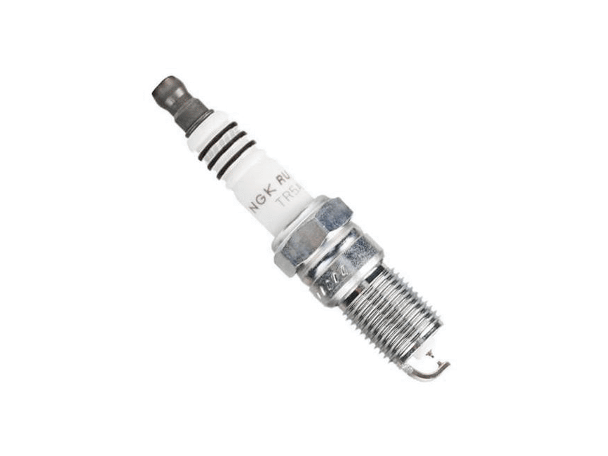 NGK Ruthenium HX spark plug showing its ceramic insulator, metal shell and threaded firing end