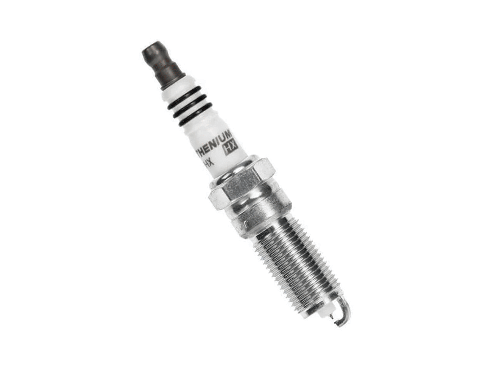 NGK Ruthenium HX spark plug with white ceramic insulator, metal shell, threaded body and firing tip on a white background