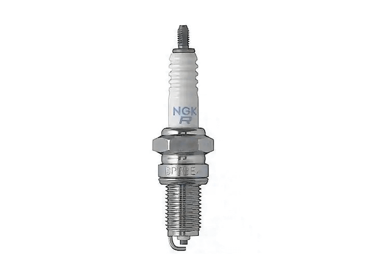 NGK V-Power spark plug family view showing the ceramic insulator, metal hex, threaded shell and firing end against a white background