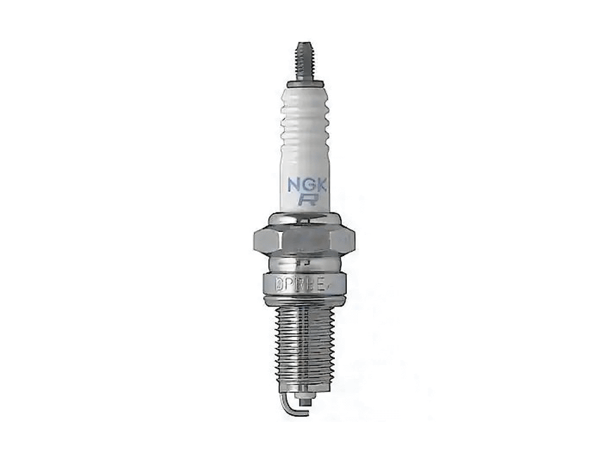 NGK V-Power spark plug family view showing the ceramic insulator, metal hex, threaded shell and firing end against a white background